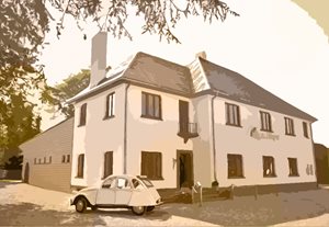 Kierzelhuys, feestzaal aquarel in Hasselt, te Limburg. Citroën geitje.